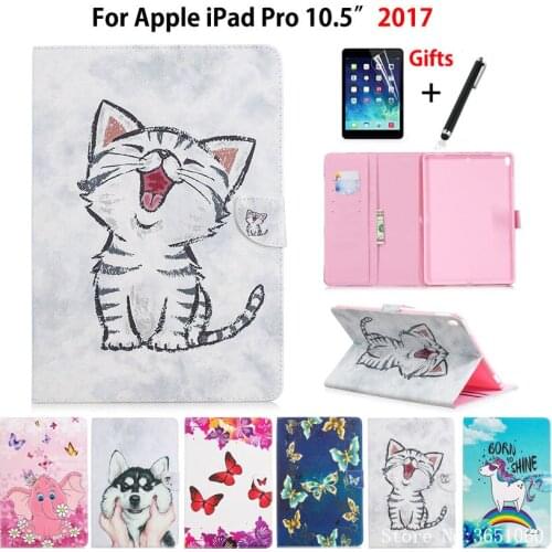 Case For Apple iPad Pro 10.5'' 2017 Cover A1701 A1709 Funda Silicone PU Leather Butterfly Cat Painted Stand Shell +Stylus+film