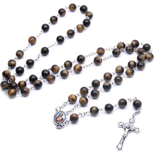 Rosary Prayer Beads Tiger Eye Stone Necklace Cross Christian Lucky Amulet Jewelry Charm Gift