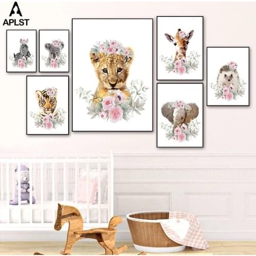 Baby Animal Flower Wreath Zebra Lion Elephant Tiger Koala Owl Fox Canvas Painting Prints Nursery Room Poster Wall Art Picture