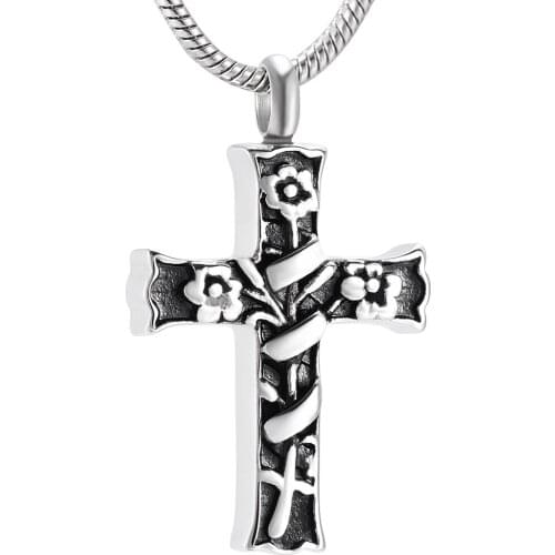 IJD9975 Never Fade Flower Wrapped Cross Urn Necklace For Women Stainless Steel Cremation Memorial Jewelry - Free Engraving