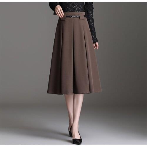Brown Pleated Skirt Autumn Female Plus Size Mid-Length A-Line 2021 New Casual Big Swing Elegant Office Ladies Formal Skirt M180