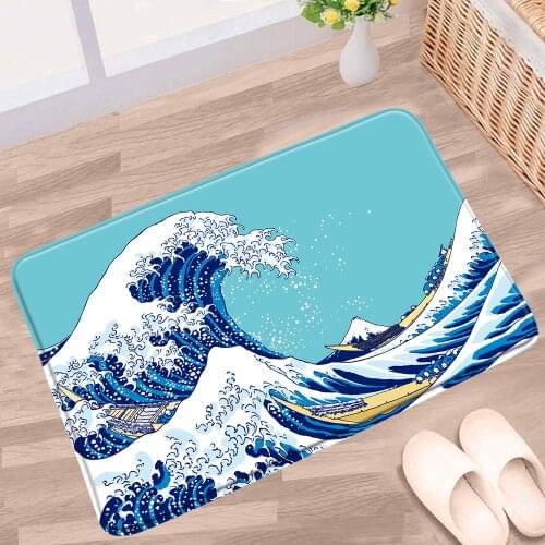 Blue Ocean Wave Bathroom Mat Sailing Beach Scenery Pattern Non-slip Rugs Flannel Home Decor Bath kitchen Doorway Aisle Carpet