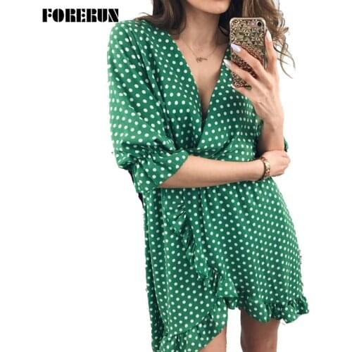 FORERUN Summer Polka Dot Dresses V Neck Ruffle Chiffon Casual Vestidos Mini Wrap Dresses