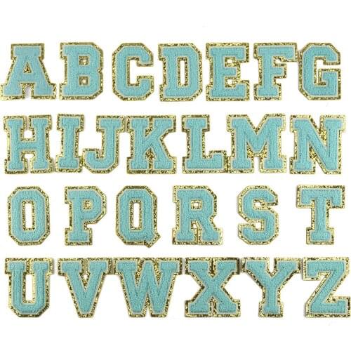Blue Color Chenille Gritt Letters Patches Towel Embroidery Rainbow Letter Sewing Sticker I Love You Name Clothing DIY Accessory