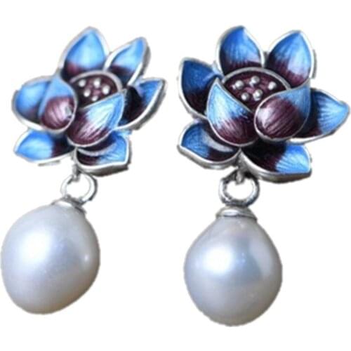 New 925 silver burnt blue enamel color lotus silver women earrings Thai silver vintage literature and art pearl female earrings