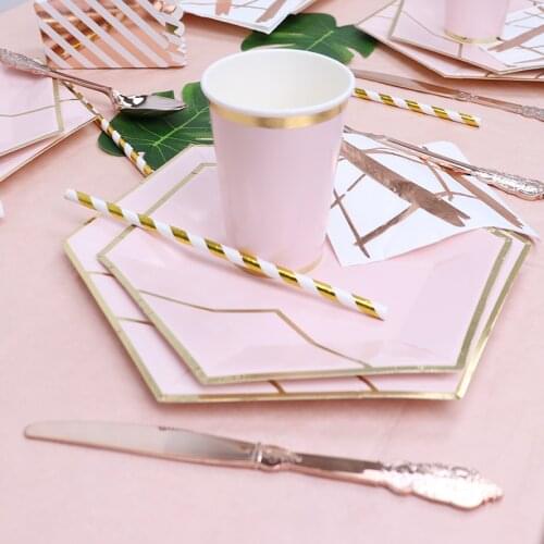 Rose Gold Disposable Tableware Birthday Party Paper Plates Straws Cup Baby Shower Decoration Wedding Party Supplies