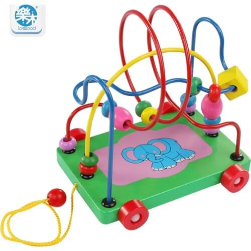Wooden kids toddler toys cartoon elephant pattern drag around bead toys puzzle toddlers learning early childhood toys gifts