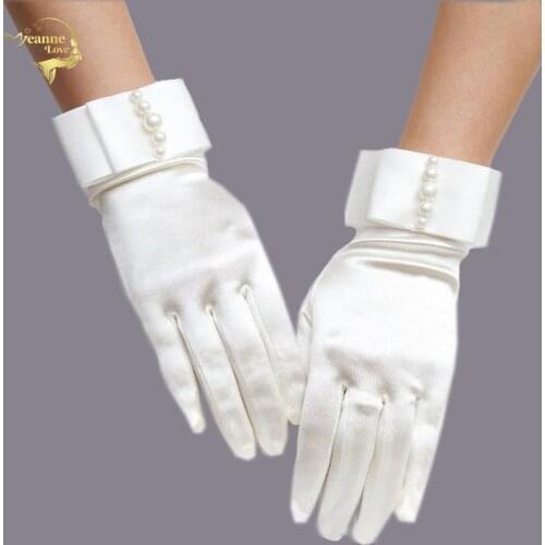 Ivory White Full Fingers Short Wrist Wedding Gloves Pearl Satin Bridal Gloves Outdoor Driving Gloves Bride Wedding Accessories