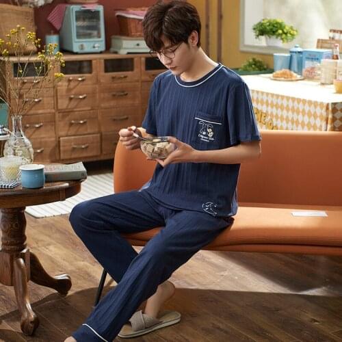 Spring Summer Cotton Men Pajamas Set Casual O-Neck Short Sleeve Pajamas For Men Cartoon Pocket Nightwear Blue Plus Size Homewear
