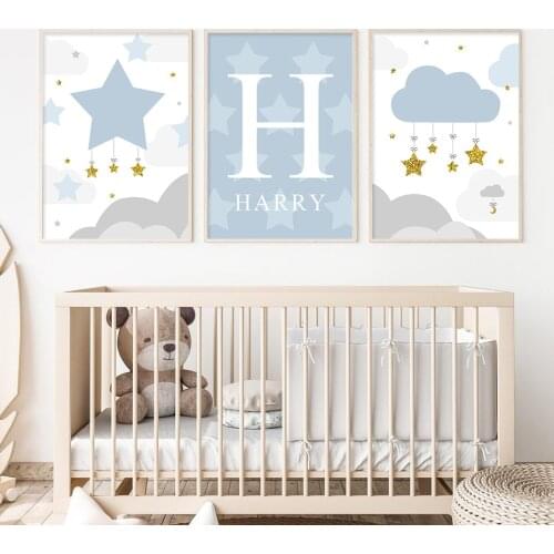 Blue Hot Air Balloon Clouds Stars Babys Name Custom Posters Nursery Canvas Painting Wall Art Print Picture Kids Room Home Decor