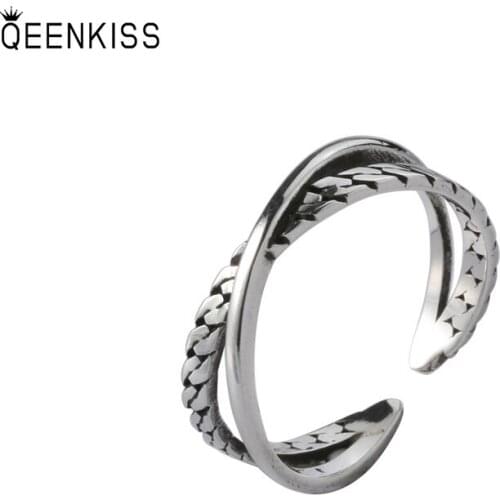 QEENKISS RG6332 2021 Fine Jewelry Wholesale Fashion Woman Girl Birthday Wedding Gift Cross Twist 925 Sterling Silver Open Ring