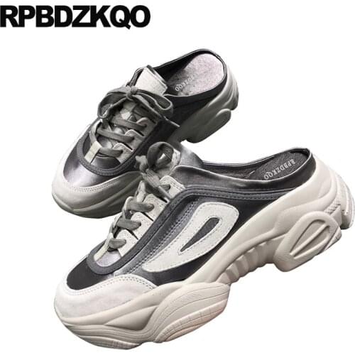 Thick sole trainers satin slippers black and white muffin harajuku elevator mules creepers platform shoes silk women sneakers