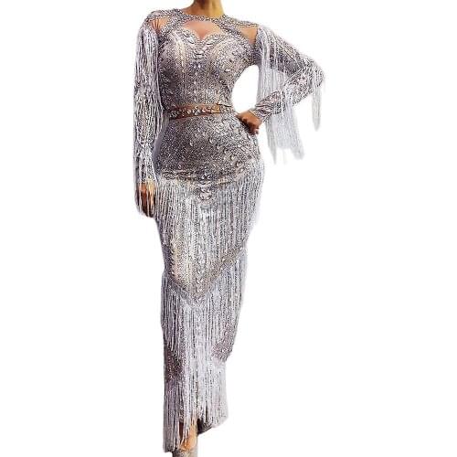 Silver Rhinestones Fringe Dresses Long Sleeve Split Fork Stage Costumes For Singers Womens Party Clothing Stage Wear Lady