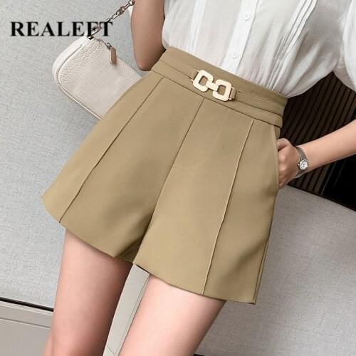 REALEFT Summer 2021 New Formal Womens Shorts Metal Decoration Solid Color Wide Leg Shorts Korean Style Elegant Casual Trousers