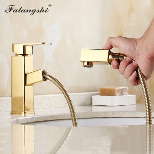 New Bath Basin Faucets Golden Sink Mixer Bathroom Pull Out Faucets Single Handle Hot And Cold Water Mixer for Washbasin WB1056