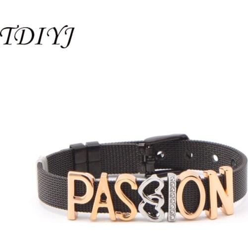 TDIYJ Fashion Passion Heart Keeper Mesh Slide Charms Stainless Steel Black Bracelet 1Set