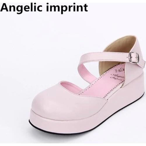Angelic imprint woman mori girl lolita cosplay shoes lady high trifle heels wedges pumps sweet women princess dress sandals pink