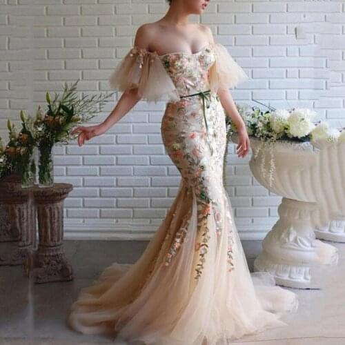 Mermaid Evening Dresses Lace Appliques Off The Shoulder Prom Dress Custom Robes De Soiree Formal Party Evening Gown