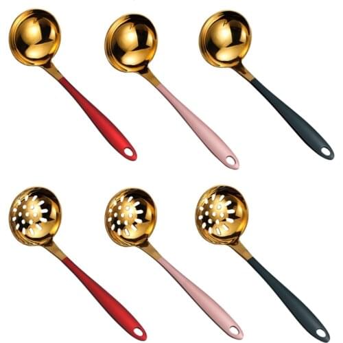 X7AB Nordic Style Stainless Steel Soup Spoon Ladle Slotted Colander with Colorful Matte long Handle for Kitchen Hotpot Serving