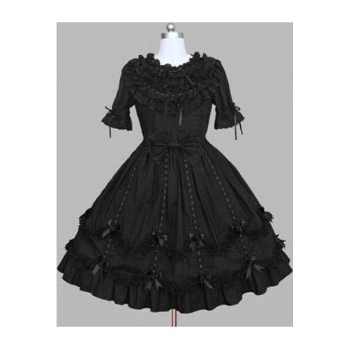 Japan cosplay vintage gothic punk dark black lolita gilrs dress ribbon bow black embroidery lace spring dress