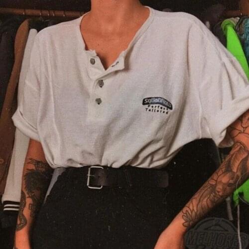 Women T-shirt Vintage Embroidered Letter Loose Short-sleeved Shirt Single-breasted Round Neck White T-shirt