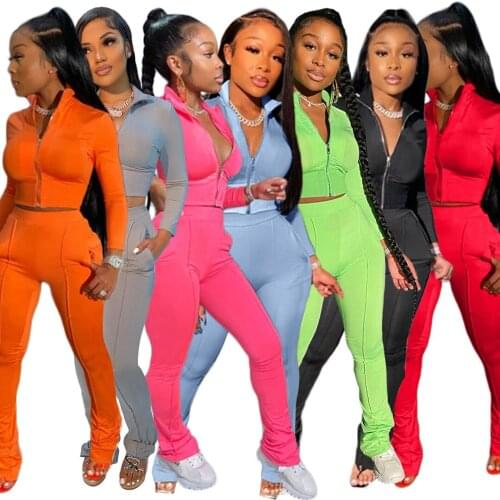 Womens Solid Color Two Piece Set Long Sleeve Turn-down Collar Zipper Jacket Stacked Pants Leggings Jogger Set Outfit for Women