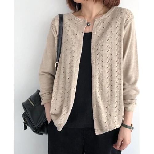 Spring New Solid Loose Solid Color O-Neck Full-Sleeved Tops Casual All-Match Hollow Thin Knitted Cardigan Women Outer Wear s879