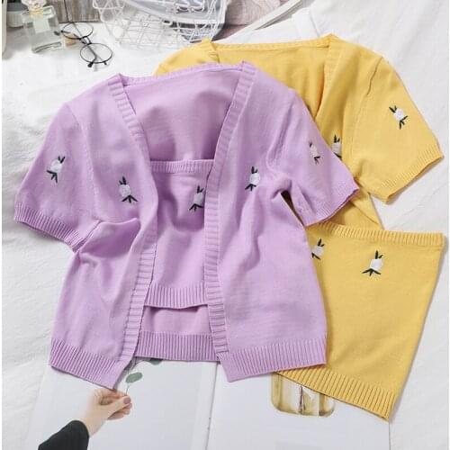 Heliar Womens Tube Top & Short Sleeve Jacket Two Piece Set Female Embroidery Floral Tees Top Knitted Streetwear Outfits