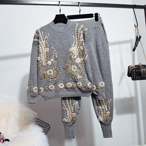 Autumn New Women Fashion Beading Embroidery Knitted Sweater Sets + Harlan Little feet Pants Suit Winter Women Two Piece Set G526