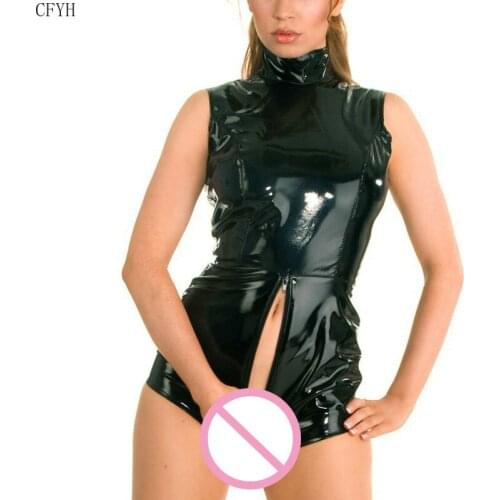 Black Latex Wet Look Bodycon Catsuit Sexy Faux Leather Bodysuit Erotic Lingerie PVC Jumpsuit Cosplay Clubwear Dance Costume