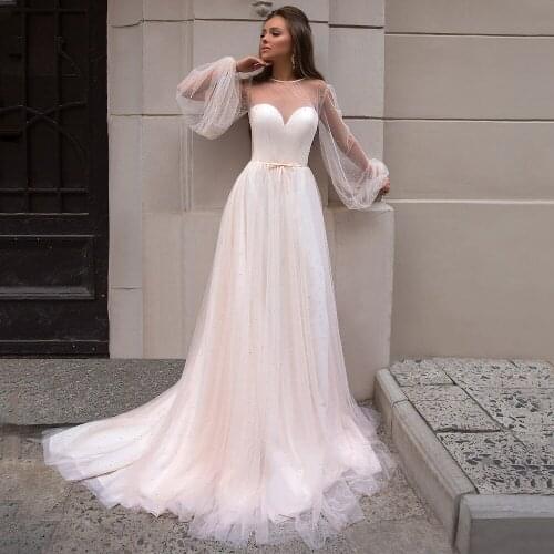 Scoop See Through Top Pearls Long Sleeve Ribbons Tulle A-Line Sexy Boho Wedding Dresses 2021 Bridal Gown Vestidos De Novia