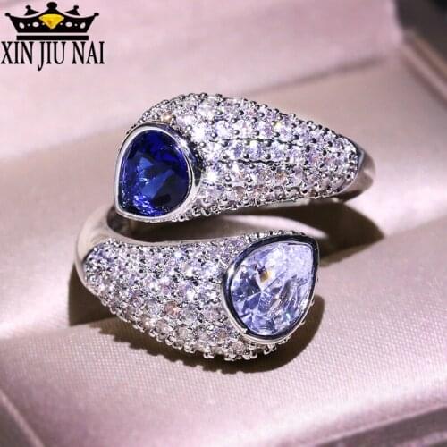 Open Elliptical arc ring Serpentine Sapphire and White crystal listing silver cute with blue womens fashion jewelry best gift