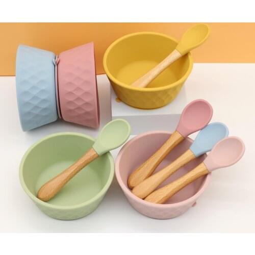 3 Pcs Baby Food Grade BPA-Free Silicone Suction Feeding Bowl Spoon Fork Set Non-slip Dishes Utensil Tableware for Newborn Infant