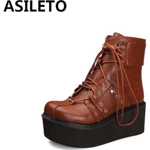 ASILETO Ankle boots for women Round Toe Thick Muffin bottom Lace up Zipper Heightening Cross-tied Big size 33-46 Casual S1763