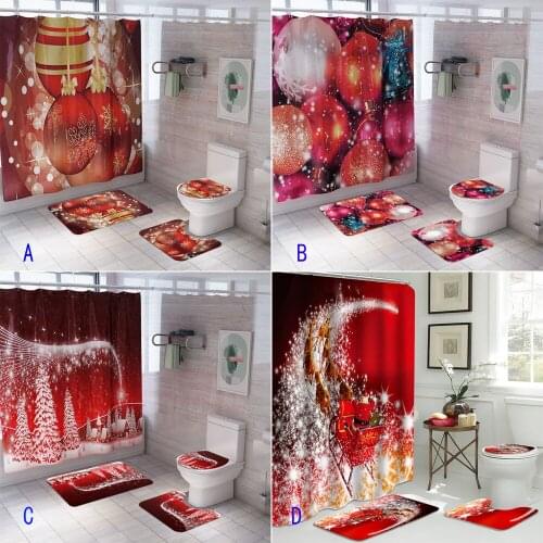 Glitter Elk Santa Claus Christmas Trees Pattern Shower Curtain Pedestal Rug Lid Toilet Cover Mat Non-slip Bath Mat Set Bathroom