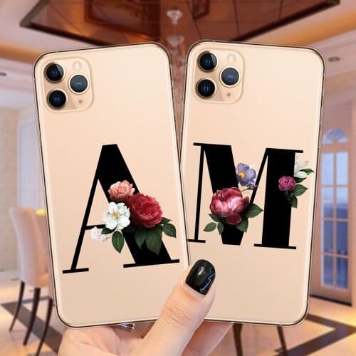 26 Alphabet Letter A to Z Phone Case For Coque iPhone 12 11 Pro XS MAX X XR 12Mini Clear Soft Silicone Cover 12Pro Floral Fundas