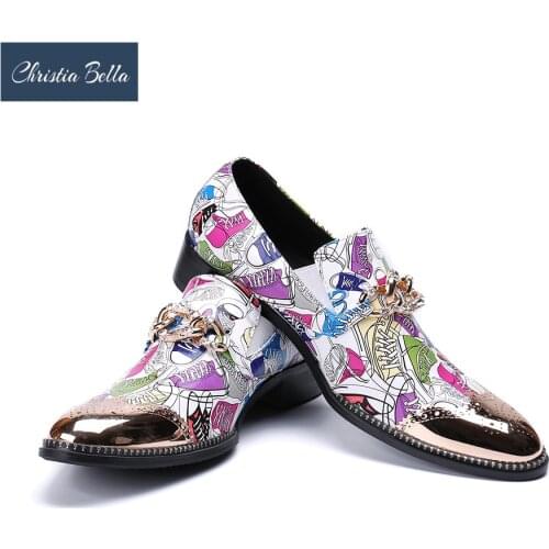 Christia Bella Mens Fashion Printing Leather Wedding Shoes Men Luxury Metal Design Slip On Business Casual Nightclub Party Shoes