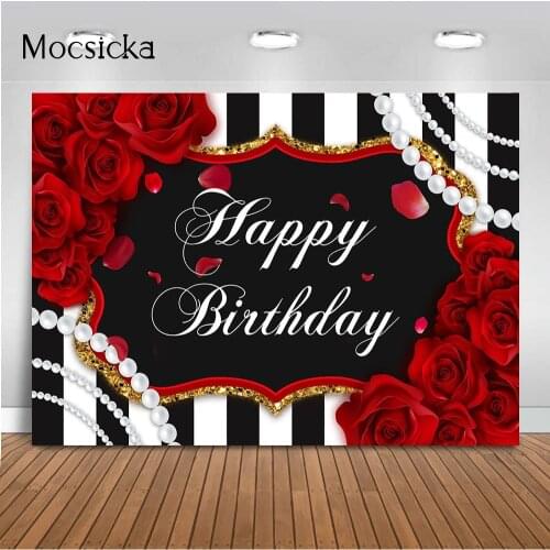 Happy Birthday Rose Flower Backdrop White and Black Stripe Birthday Party Decoration Pearl Red Floral Dessert Table Banner