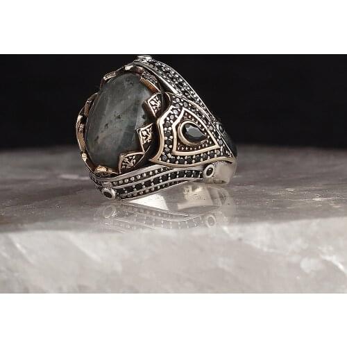 Labradorite 925 Silver Engraved Traditional Handmade Turkish Signet Ring Jewelry Gift for Women Men