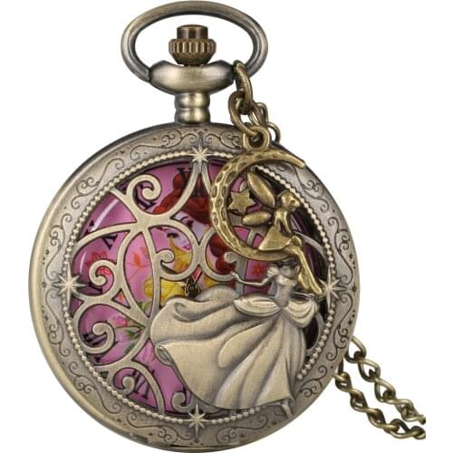 Girl Pocket Watch Quartz Pink Little Fairy Dial Pendant Slim Chain Hollow Cover With Little Angel Accessories Beautiful Clock