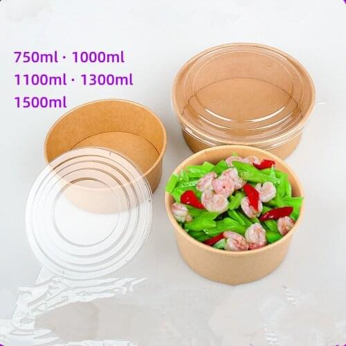 50pcs Kraft paper disposable fast food box 750ml 1000ml 1300ml fruit salad lunch round paper bowl large dessert cups with lid