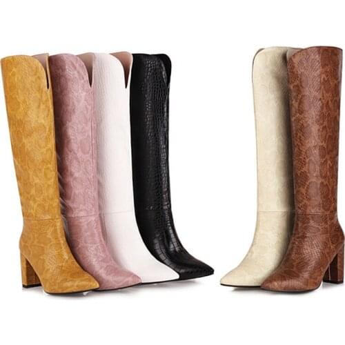 Western boots High Heel Boots Zipper Thick Heel Woman Knee High Boots Fashion Sexy Party Boots Woman FootwearSize 34-43