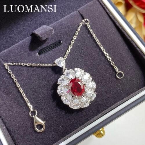 Luomansi Oval Natural Ruby S925 Silver Pendant Necklace Wedding Party Lover Gift Woman High Jewelry