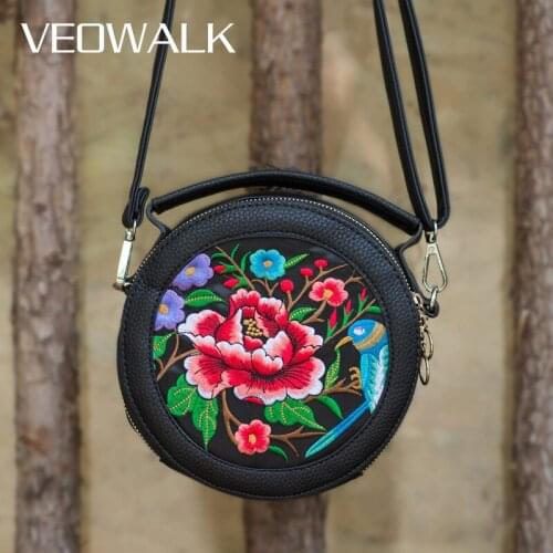 Veowalk Retro Women Flower Embroidered Small Mini Round Shoulder Bag Ladies Crossbody Belt Circle Shaped Quilted Coin Purse