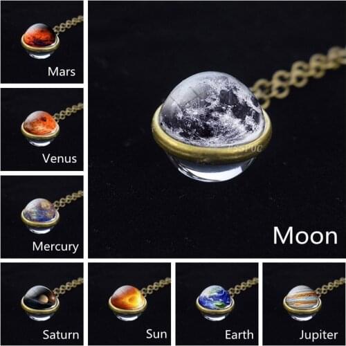 Fashion Solar System Moon Earth Sun Mars Jupiter Planet Necklace Double Side Glass Ball Necklace Pendant Universe Space Jewelry