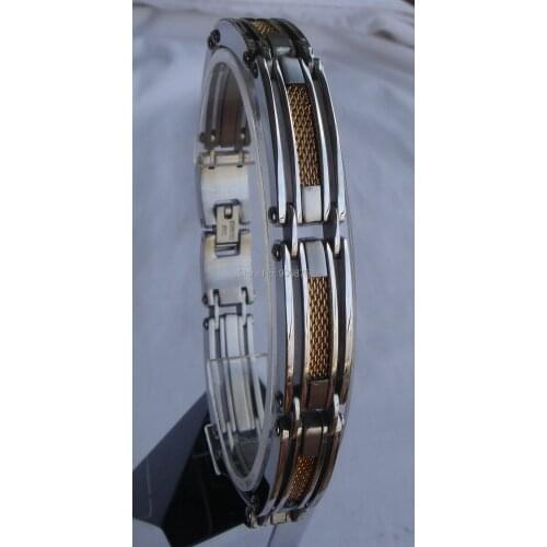 Cool 2tone gold plating woven link inlayed men/boys stainless steel chain bracelet men jewelry bracelets bangles & punk