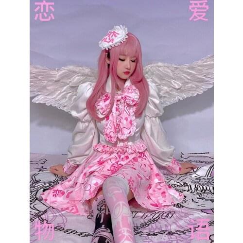 New Japanese Harajuku Girls Pink White Bow Print Skirt Autumn Punk Sweet Fashion Kawaii Lolita Cake Mini Skirts Uniform Suit