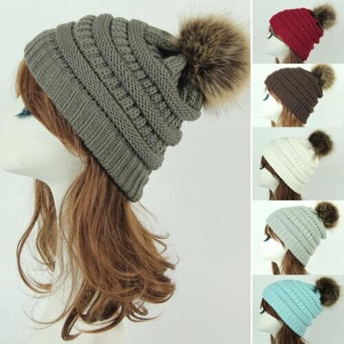 2017 New Hat Female Classic Knitted Faux Fur Pom Poms Women Cap Headdress Head Warmer Womens Winter Hats Skullies Beanies