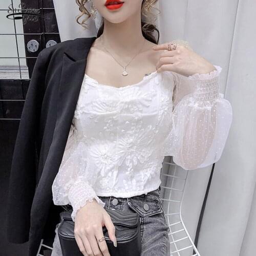 Early Autumn 2020 New Fashion Sexy Mesh Stitching Waist Hugging Slimming Lantern Sleeve Square Collar Tops Chemisier Femme 11420