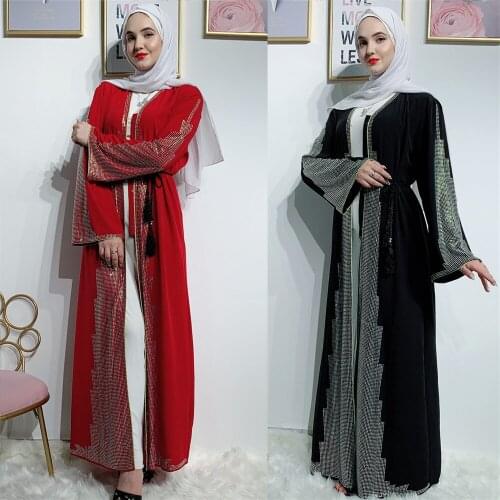 Luxury Diamond Beading Cardigan Muslim Abaya Full Dress Kimono Long Robe Jubah Dresses Dubai Middle East Arabic Islamic Clothing